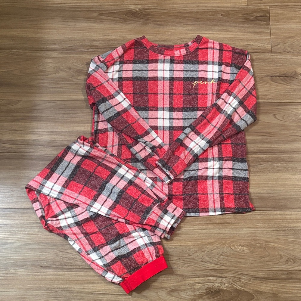 PINK Victoria's Secret Red and Gray Plaid Pajama Set